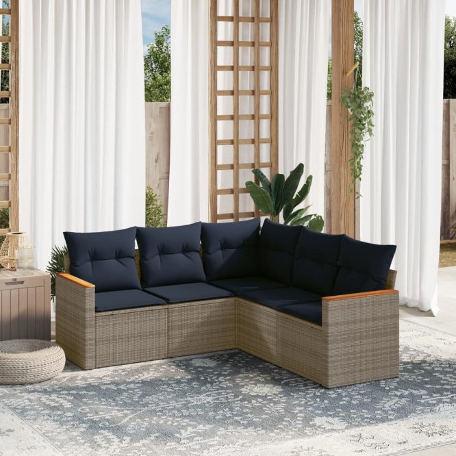 5-teiliges Gartensofa-Set mit Kissen, schwarzes Polyrattan