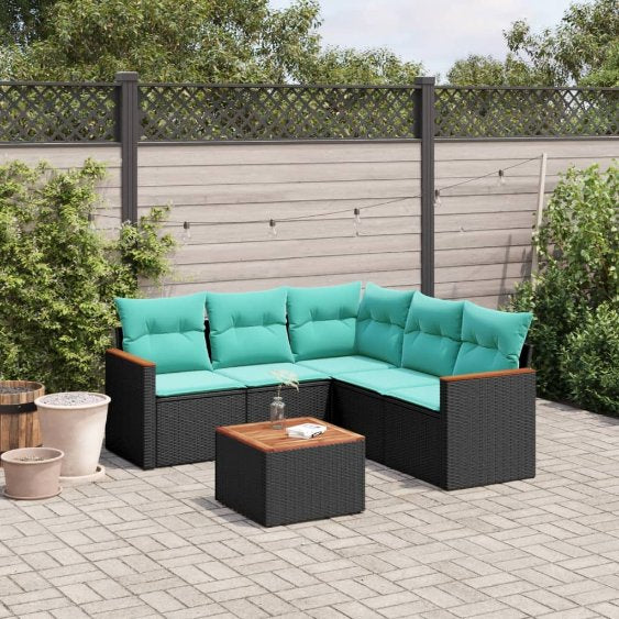 5-teiliges Gartensofa-Set mit Kissen, schwarzes Polyrattan