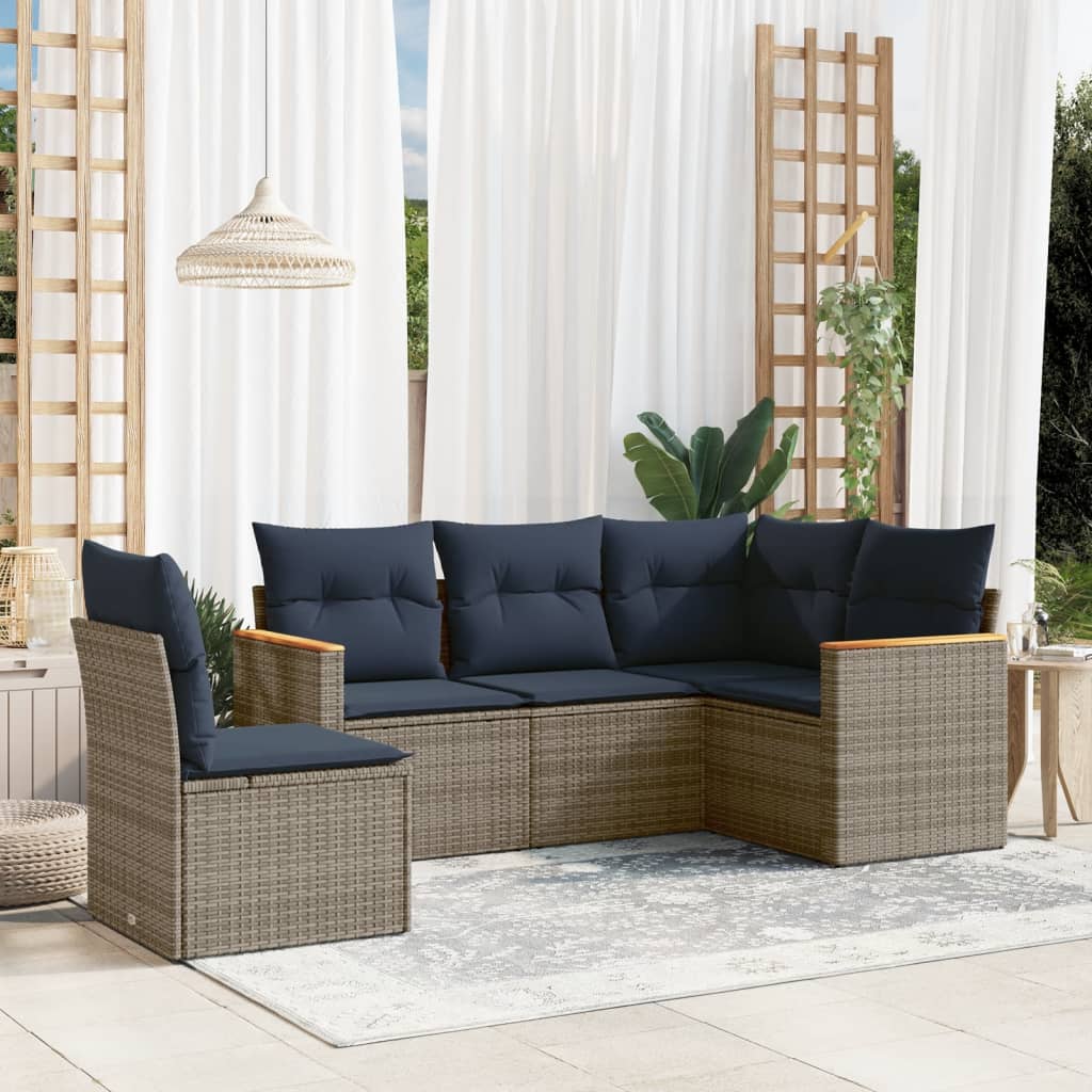 5-teiliges Gartensofa-Set mit Kissen, schwarzes Polyrattan