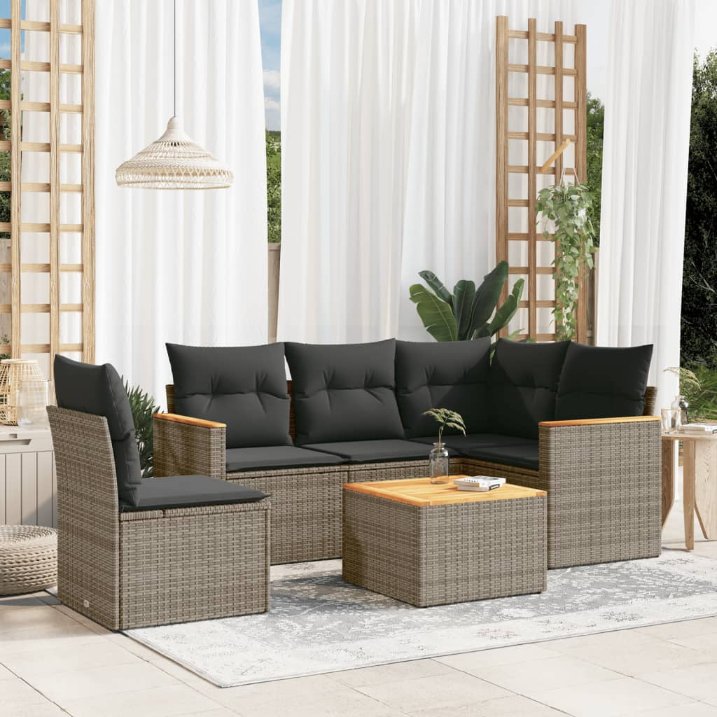 5-tlg. Garten-Sofagarnitur mit Kissen Schwarz Poly Rattan