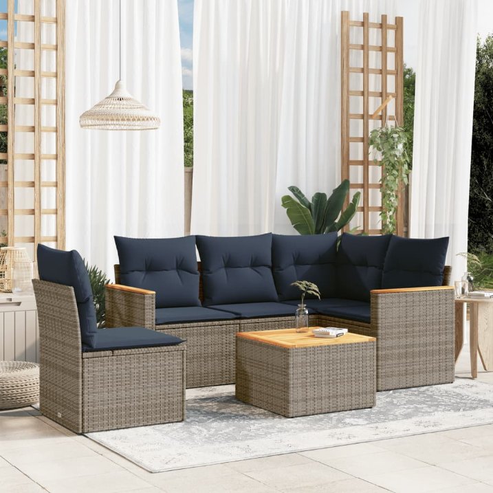 5-teiliges Gartensofa-Set mit Kissen, schwarzes Polyrattan