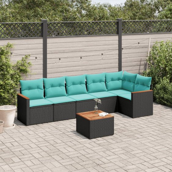 6-teiliges Gartensofa-Set mit Kissen, schwarzes Polyrattan