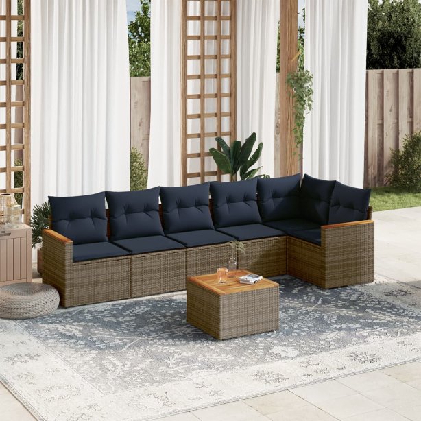 6-teiliges Gartensofa-Set mit Kissen, schwarzes Polyrattan