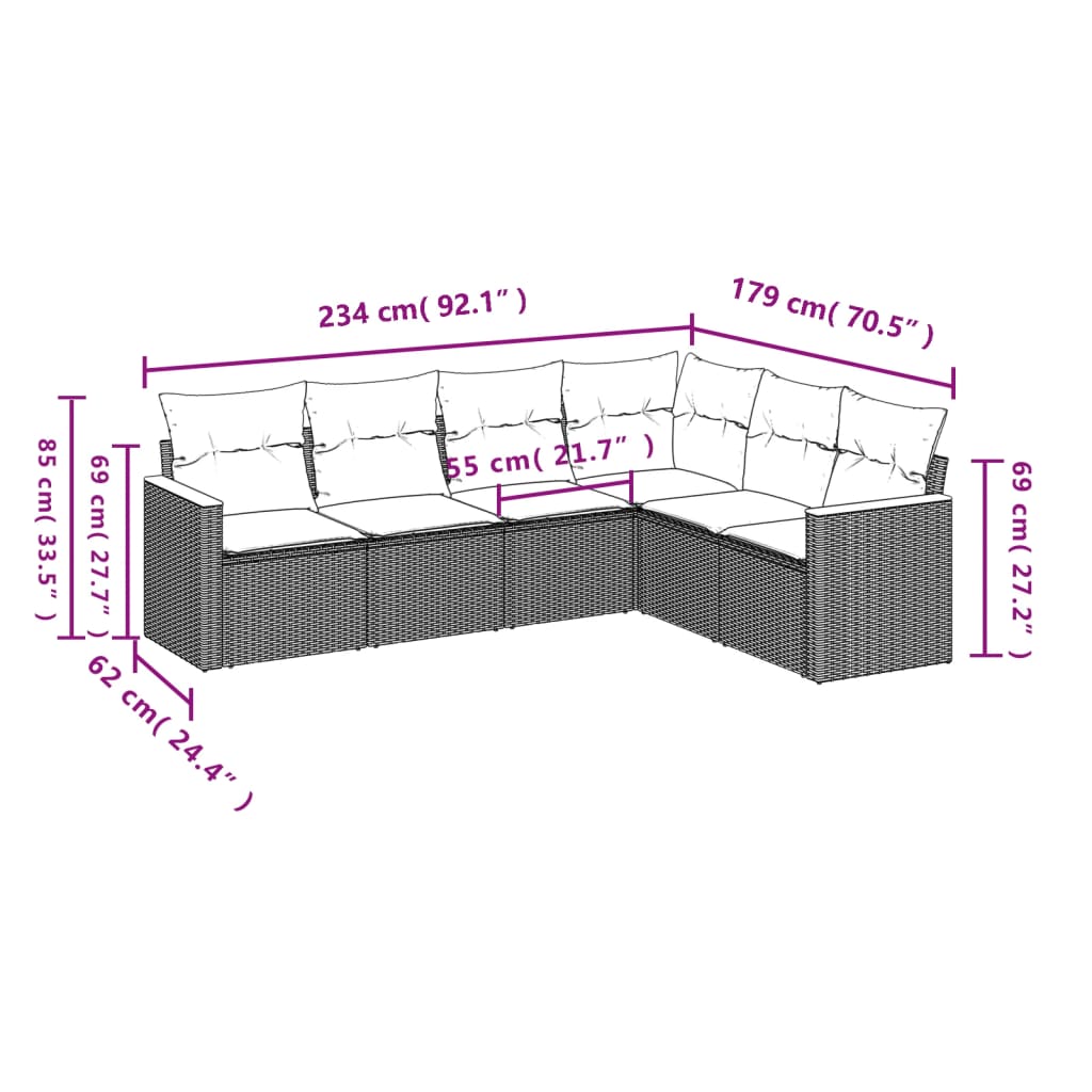 6-teiliges Gartensofa-Set mit Kissen, schwarzes Polyrattan