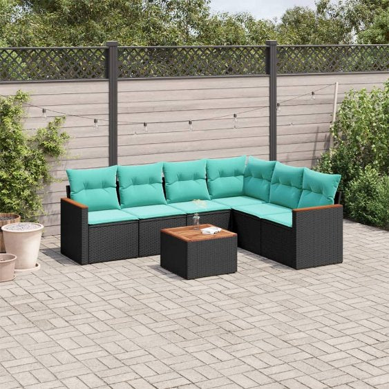 6-teiliges Gartensofa-Set mit Kissen, schwarzes Polyrattan