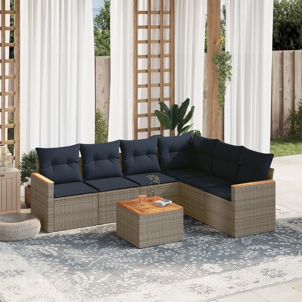 6-teiliges Gartensofa-Set mit Kissen, schwarzes Polyrattan
