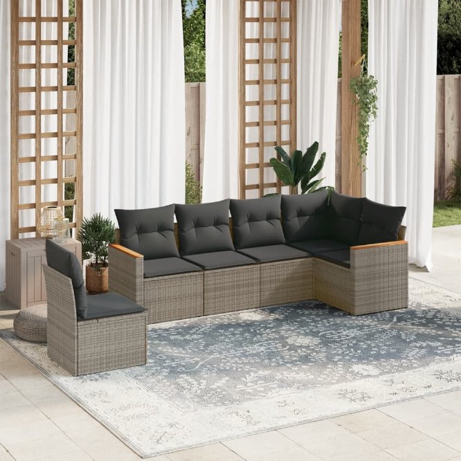 6-tlg. Garten-Sofagarnitur mit Kissen Schwarz Poly Rattan
