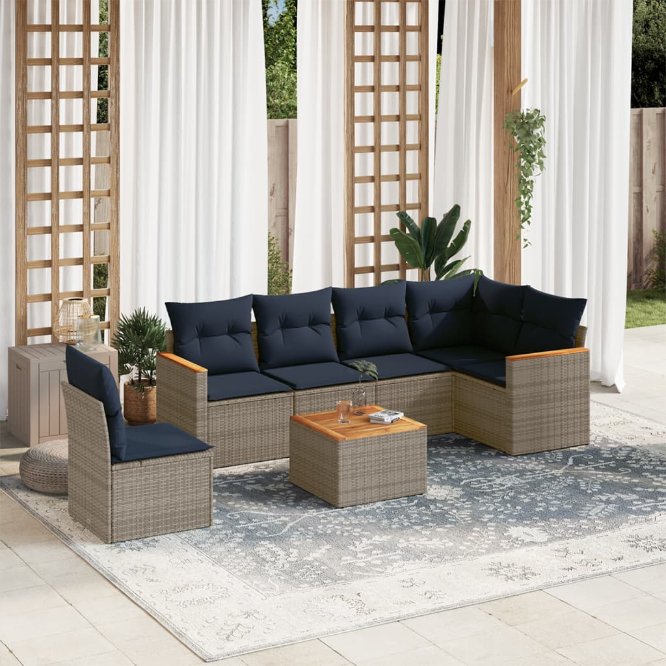 6-teiliges Gartensofa-Set mit Kissen, schwarzes Polyrattan