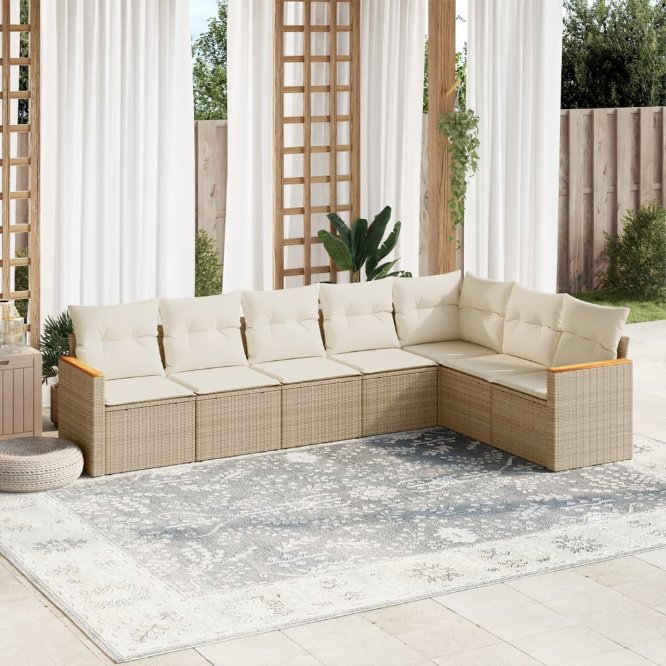 7-tlg. Garten-Sofagarnitur mit Kissen Schwarz Poly Rattan
