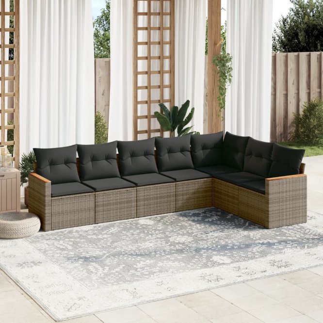 7-tlg. Garten-Sofagarnitur mit Kissen Schwarz Poly Rattan