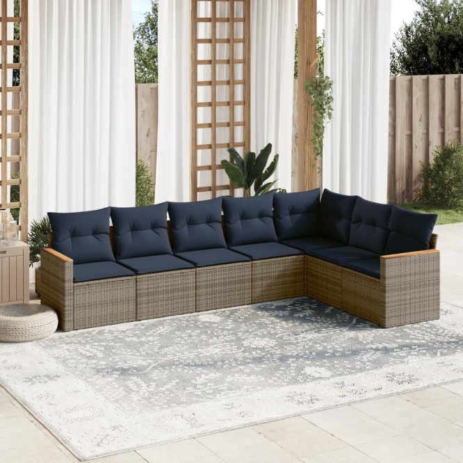 7-teiliges Gartensofa-Set mit Kissen, schwarzes Polyrattan