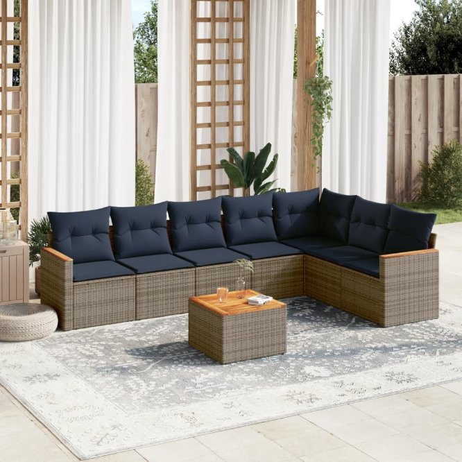 7-teiliges Gartensofa-Set mit Kissen, schwarzes Polyrattan