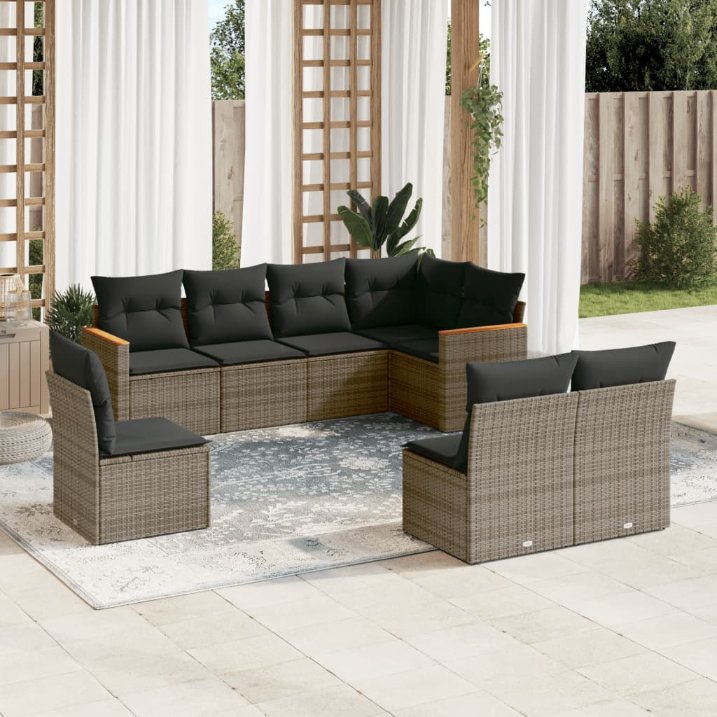 8-tlg. Garten-Sofagarnitur mit Kissen Schwarz Poly Rattan