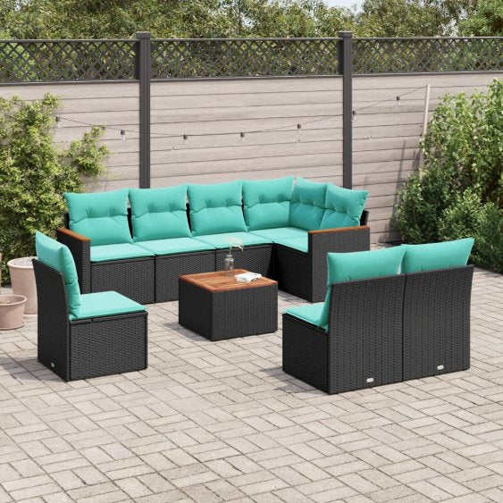 8-teiliges Gartensofa-Set mit Kissen, schwarzes Polyrattan
