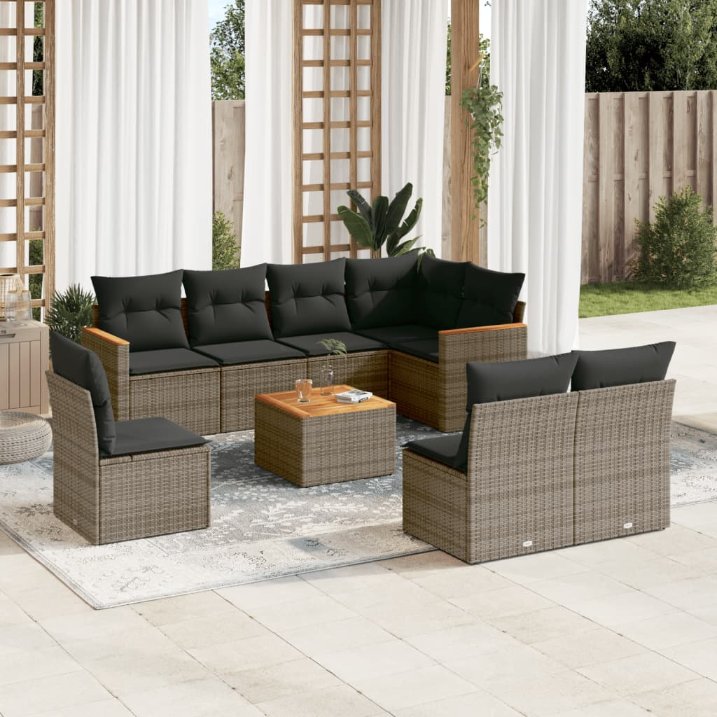 8-tlg. Garten-Sofagarnitur mit Kissen Schwarz Poly Rattan