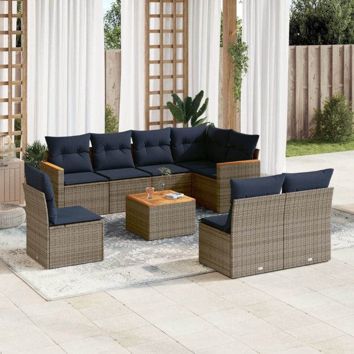 8-teiliges Gartensofa-Set mit Kissen, schwarzes Polyrattan