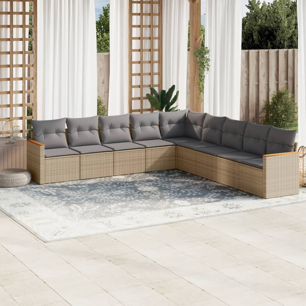 9-tlg. Garten-Sofagarnitur mit Kissen Schwarz Poly Rattan