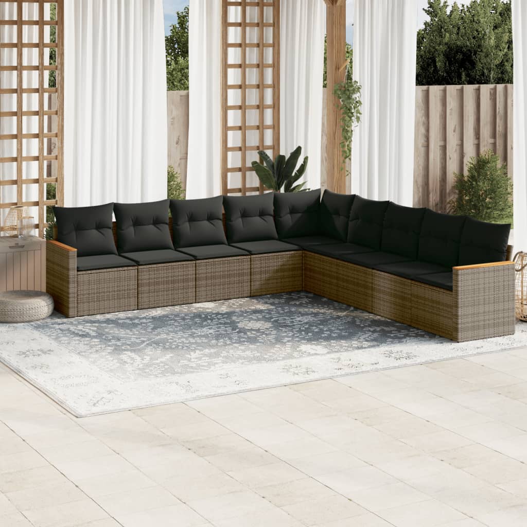 9-tlg. Garten-Sofagarnitur mit Kissen Schwarz Poly Rattan