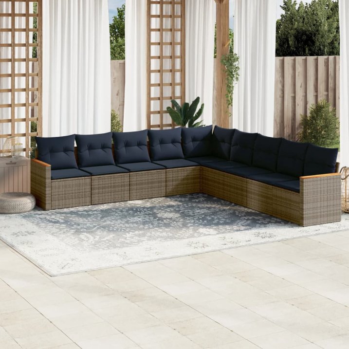 9-teiliges Gartensofa-Set mit Kissen, schwarzes Polyrattan
