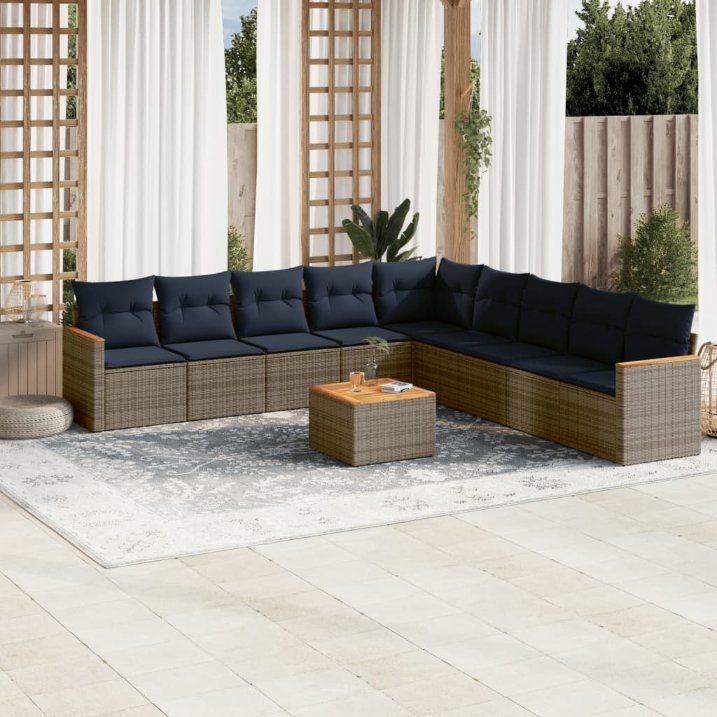 9-teiliges Gartensofa-Set mit Kissen, schwarzes Polyrattan