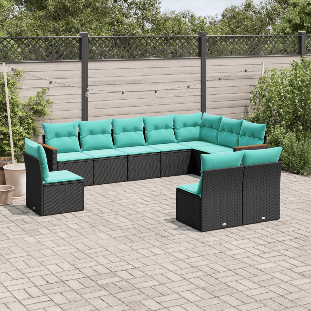 vidaXL 10-teiliges Gartensofa-Set mit Kissen, schwarzes Polyrattan