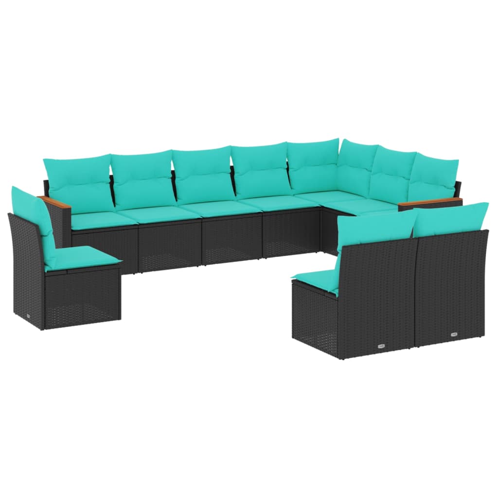 vidaXL 10-teiliges Gartensofa-Set mit Kissen, schwarzes Polyrattan