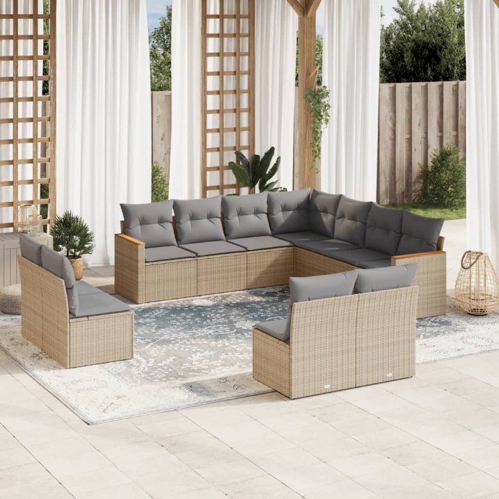 11-tlg. Garten-Sofagarnitur mit Kissen Schwarz Poly Rattan