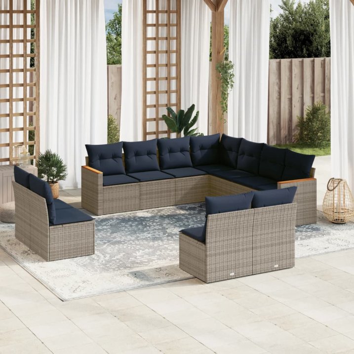 vidaXL 11-teiliges Gartensofa-Set mit Kissen, schwarzes Polyrattan