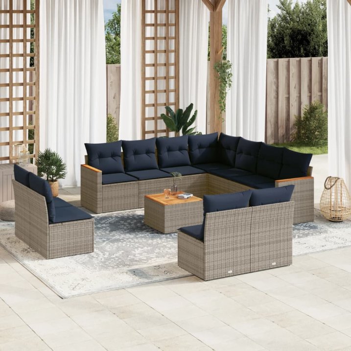 vidaXL 11-teiliges Gartensofa-Set mit Kissen, schwarzes Polyrattan