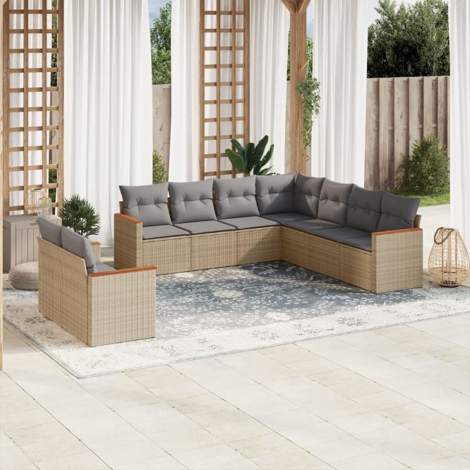 9-tlg. Garten-Sofagarnitur mit Kissen Schwarz Poly Rattan