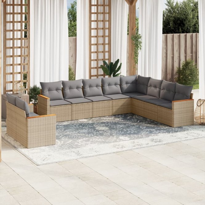 vidaXL 10-tlg. Garten-Sofagarnitur mit Kissen Schwarz Poly Rattan