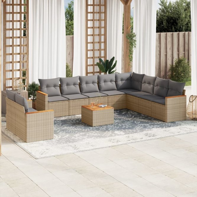 vidaXL 10-tlg. Garten-Sofagarnitur mit Kissen Schwarz Poly Rattan