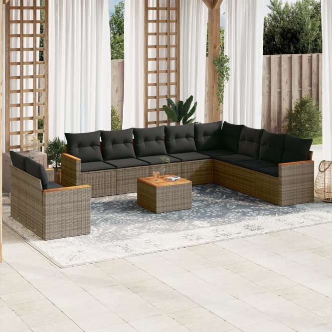 vidaXL 10-tlg. Garten-Sofagarnitur mit Kissen Schwarz Poly Rattan