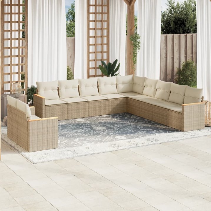 11-tlg. Garten-Sofagarnitur mit Kissen Schwarz Poly Rattan