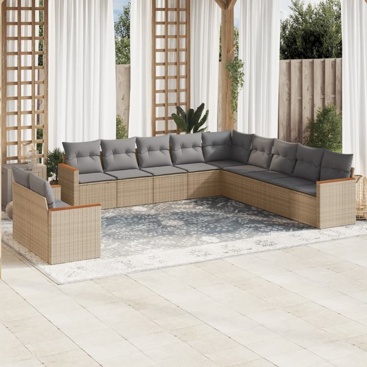 11-tlg. Garten-Sofagarnitur mit Kissen Schwarz Poly Rattan