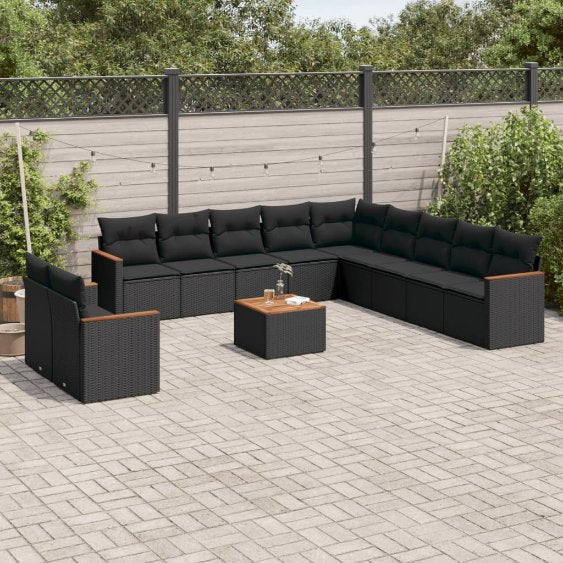 11-tlg. Garten-Sofagarnitur mit Kissen Schwarz Poly Rattan