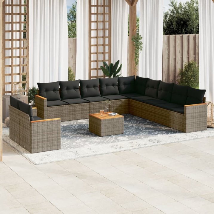 11-tlg. Garten-Sofagarnitur mit Kissen Schwarz Poly Rattan