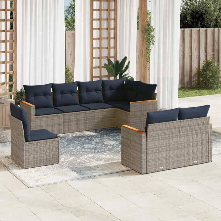 8-teiliges Gartensofa-Set mit Kissen, schwarzes Polyrattan
