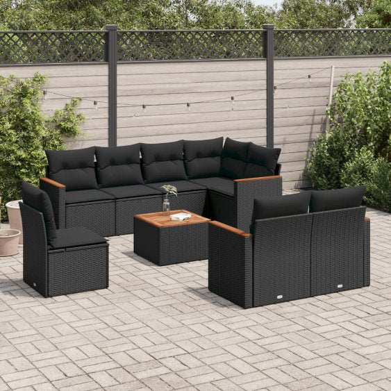8-tlg. Garten-Sofagarnitur mit Kissen Schwarz Poly Rattan