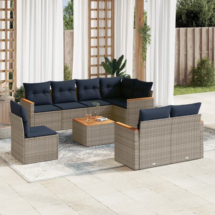 8-teiliges Gartensofa-Set mit Kissen, schwarzes Polyrattan