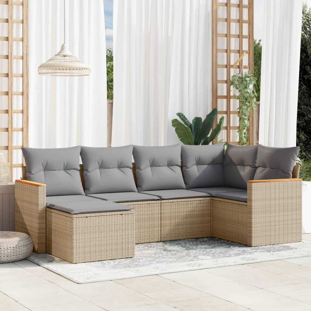 6-tlg. Garten-Sofagarnitur mit Kissen Schwarz Poly Rattan