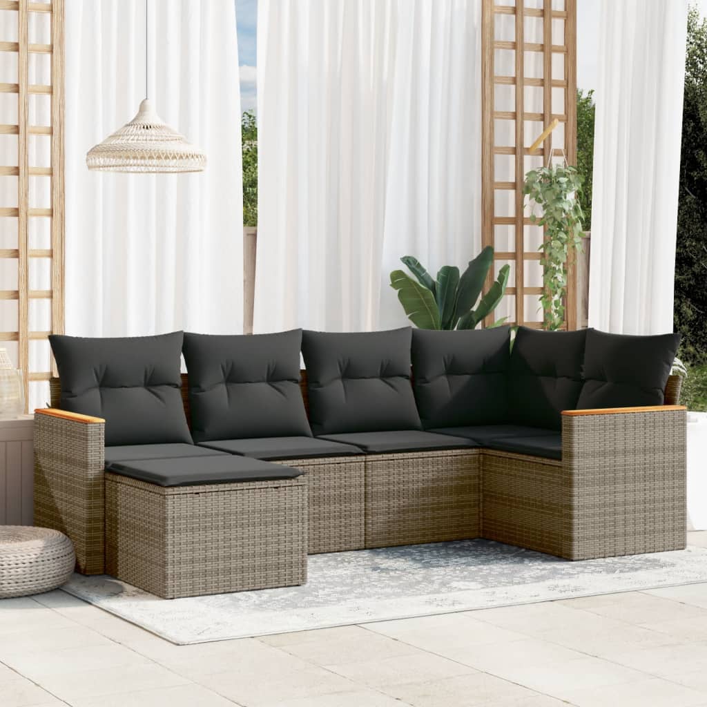6-tlg. Garten-Sofagarnitur mit Kissen Schwarz Poly Rattan