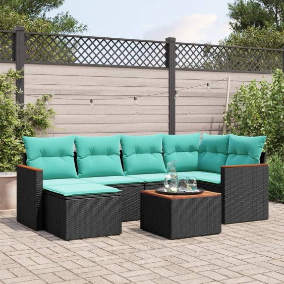 6-teiliges Gartensofa-Set mit Kissen, schwarzes Polyrattan