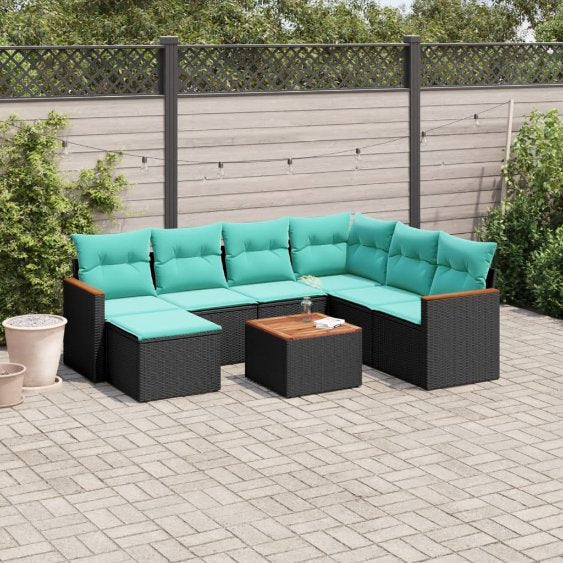 7-teiliges Gartensofa-Set mit Kissen, schwarzes Polyrattan