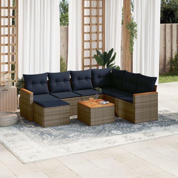 7-teiliges Gartensofa-Set mit Kissen, schwarzes Polyrattan