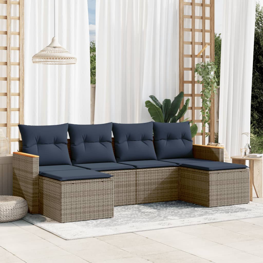 6-teiliges Gartensofa-Set mit Kissen, schwarzes Polyrattan