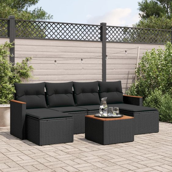6-tlg. Garten-Sofagarnitur mit Kissen Schwarz Poly Rattan