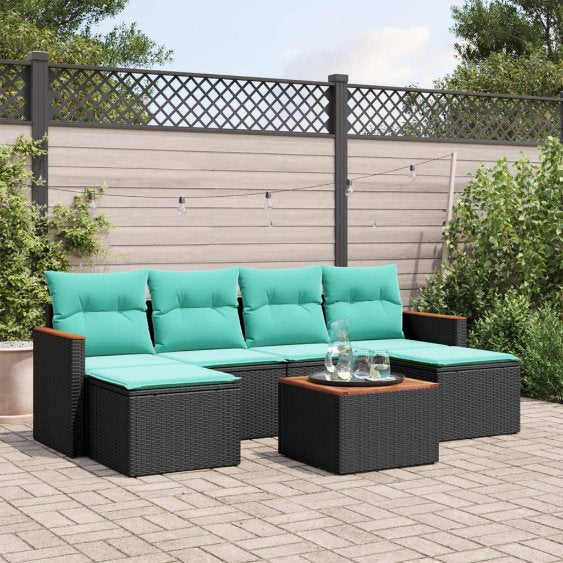 6-teiliges Gartensofa-Set mit Kissen, schwarzes Polyrattan