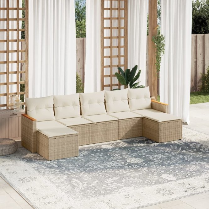 7-tlg. Garten-Sofagarnitur mit Kissen Schwarz Poly Rattan