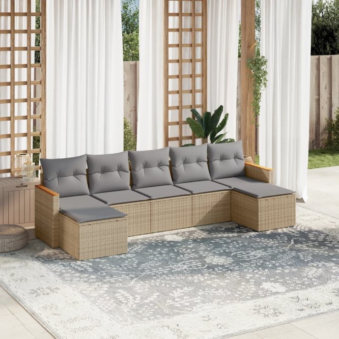 7-tlg. Garten-Sofagarnitur mit Kissen Schwarz Poly Rattan